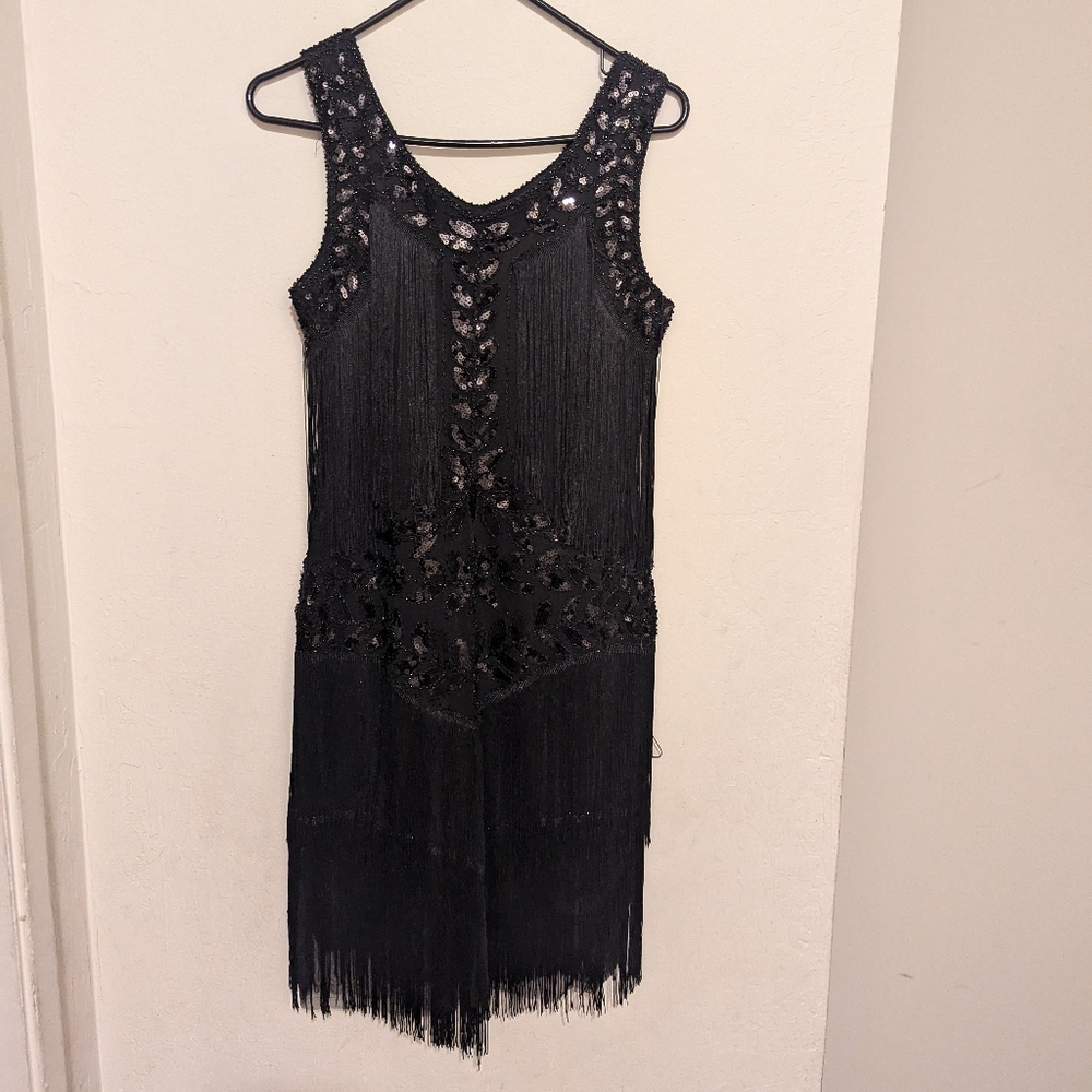 Black Beaded Tassel Flapper  Sleeveless Dress Size Small